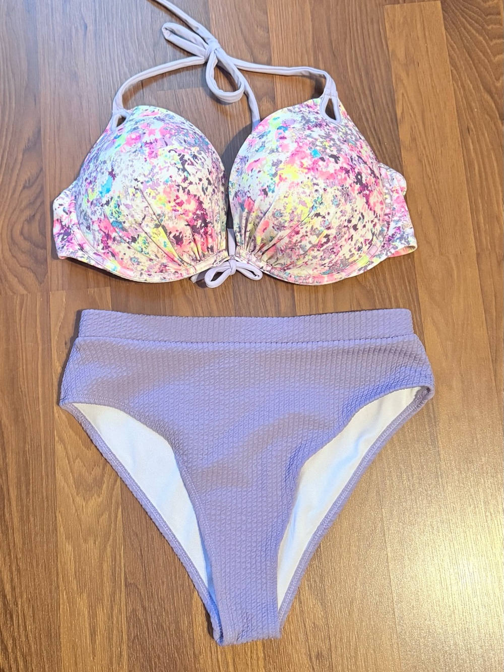 Two-Piece Bikini Set - Pastel Splatter VS Top & Lavender High-Waist Bottom
